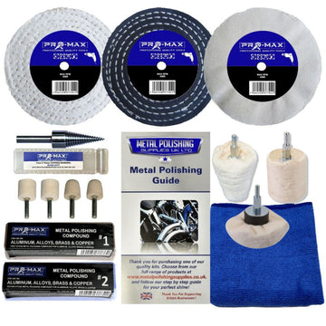Drill Aluminium Alloy Brass Copper metal polishing kit with white and dark buffing wheels, compounds and felt bobs