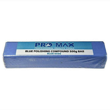 Aluminium Alloy Brass blue metal polishing compound bar in clear wrapping, labelled Pro-Max Blue Polishing Compound 500g