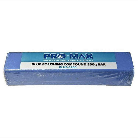 Aluminium Alloy Brass blue metal polishing compound bar in clear wrapping, labelled Pro-Max Blue Polishing Compound 500g