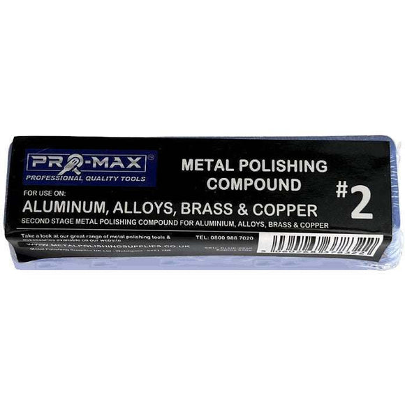 Metal polishing compound bar in blue packaging, labelled Aluminium Alloy Brass and Copper, Pro-Max No. 2