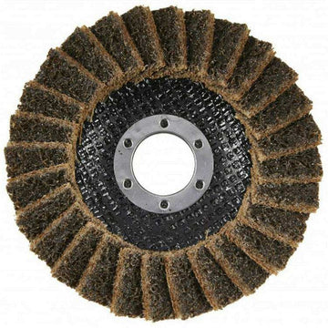 Angle Grinder coarse satin web flap disc, brown non-woven abrasive with black backing and metal centre ring