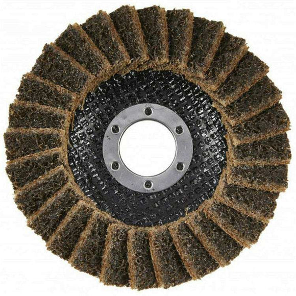 Angle Grinder coarse satin web flap disc, brown non-woven abrasive with black backing and metal centre ring