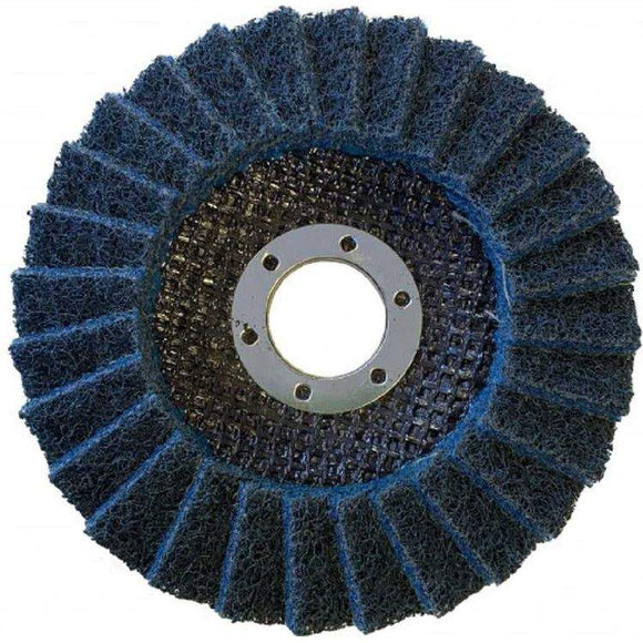Angle Grinder Abrasive Wheel, blue non-woven flap disc with textured abrasive surface and metal centre ring