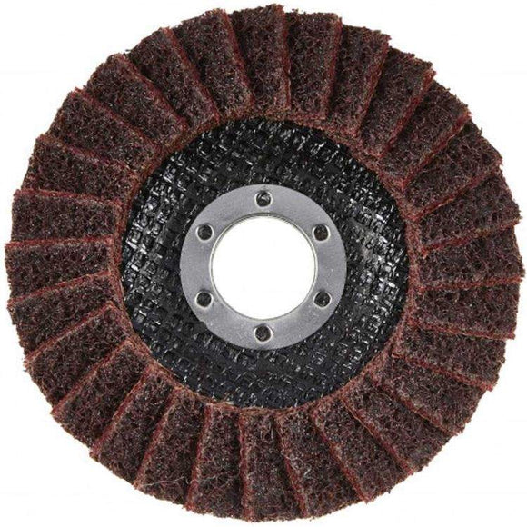 Angle Grinder Abrasive Wheel with brown non-woven flap segments, black backing and silver centre ring