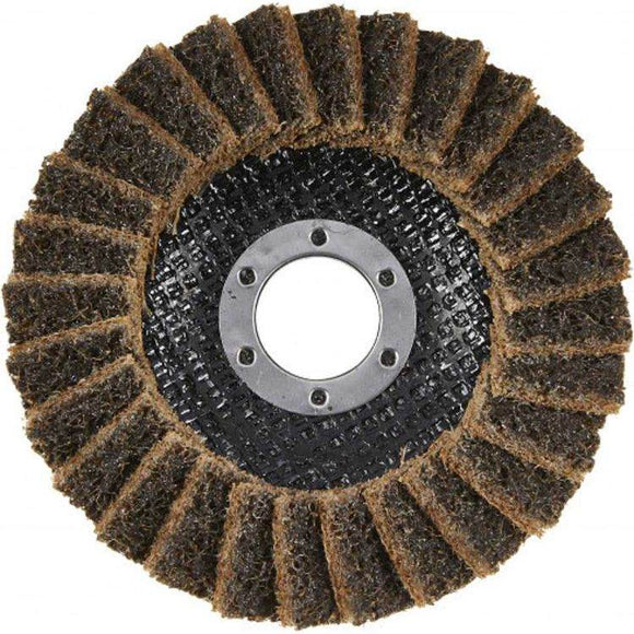Angle Grinder Abrasive Wheel with brown non-woven abrasive flap segments and black backing, 115mm