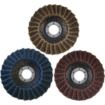 Angle Grinder Abrasive Wheel set with three non-woven flap discs in brown, blue and red