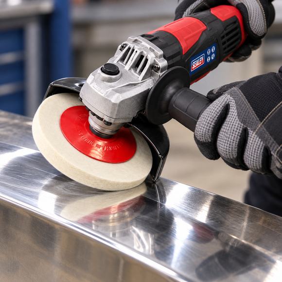 Angle Grinder Bevelled Felt Polishing wheel shows a cream felt disc with red hub buffing a reflective metal surface