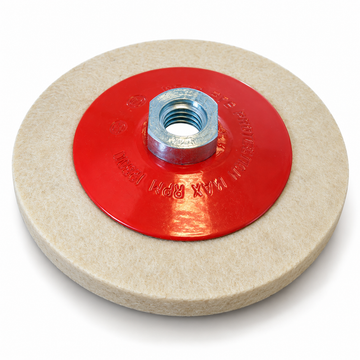 Angle Grinder Bevelled Felt Polishing wheel with a cream felt disc, red centre plate and threaded metal hub