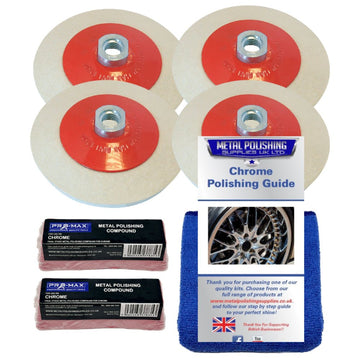 Angle Grinder Chrome Polishing Kit with four beige felt wheels, pink compound bars and blue microfibre cloth