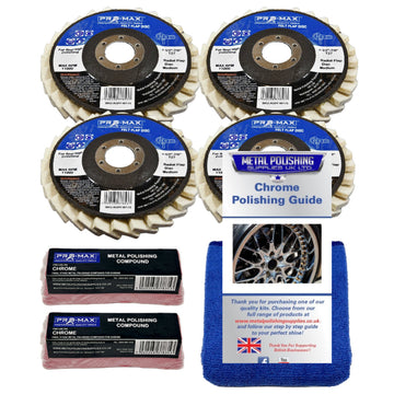Angle Grinder Chrome Polishing Kit with four cream felt flap wheels, pink compound bars and blue cloth
