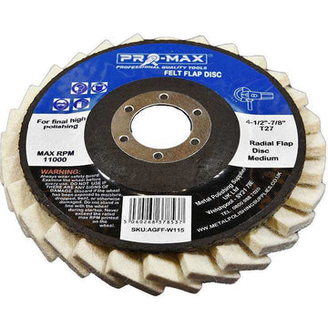 Angle Grinder Felt Flap Wheel, 115mm white felt radial disc with blue and black printed centre label