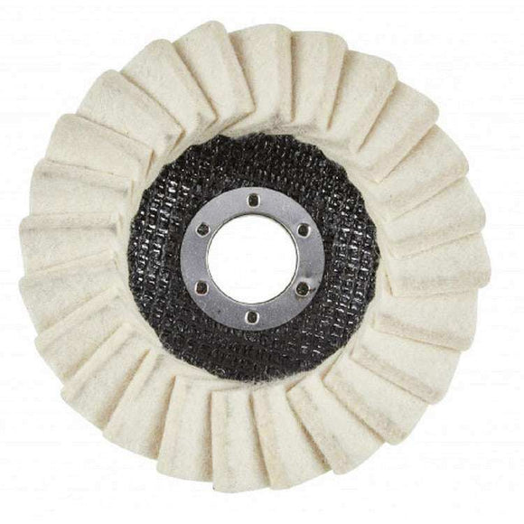 Angle Grinder Felt Flap Wheel with cream felt flaps, black backing and metal centre hub