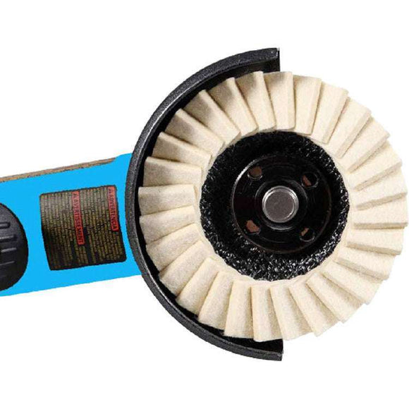 Angle Grinder Felt Flap Wheel with cream felt flaps, black backing plate, and blue angle grinder body