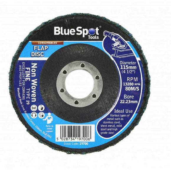 Angle Grinder Fine Satin blue non-woven flap disc with black abrasive surface, silver metal centre and 115mm diameter