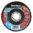 Angle Grinder medium satin web flap disc, blue and black with brown abrasive edge and 115mm centre bore