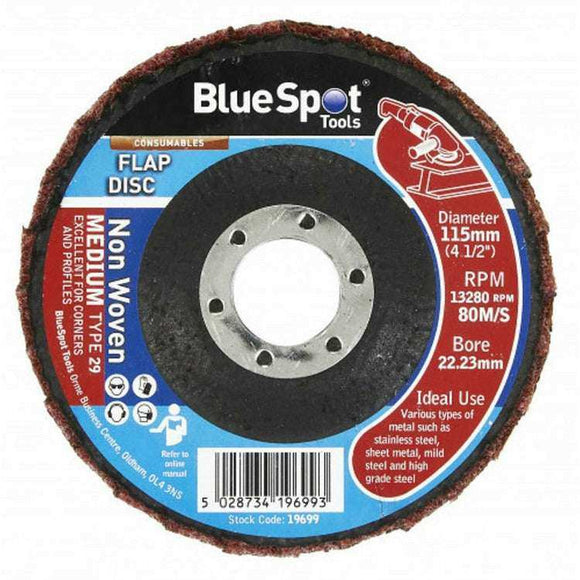 Angle Grinder medium satin web flap disc, blue and black with brown abrasive edge and 115mm centre bore