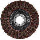 Angle Grinder medium satin web flap disc with dark brown abrasive flaps and a silver centre ring