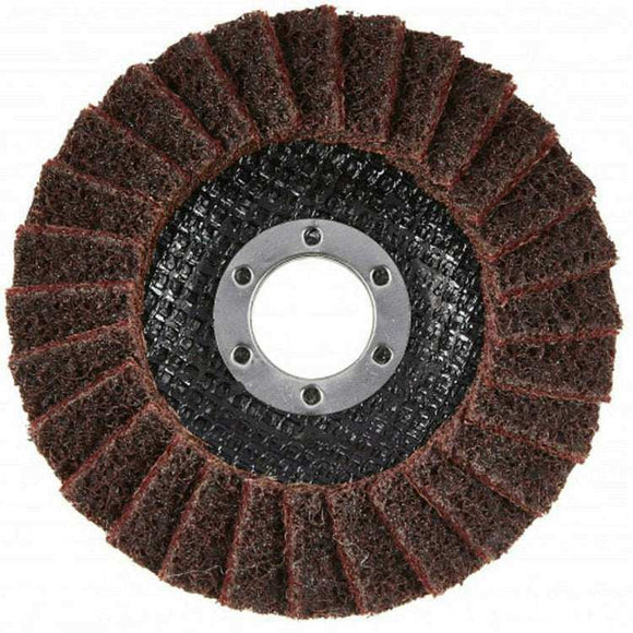 Angle Grinder medium satin web flap disc with dark brown abrasive flaps and a silver centre ring