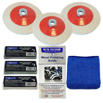 Angle Grinder Metal Polishing kit with three beige felt wheels, coloured compounds, guide and blue cloth