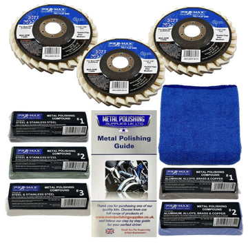 Angle Grinder Metal Polishing Kit with three felt flap wheels, five compounds, guide and blue microfibre cloth