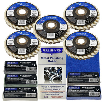 Angle Grinder Metal Polishing Kit with five cream felt flap wheels and colour-coded metal compounds

