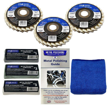 Angle Grinder Metal Polishing Kit with three felt flap wheels, compounds, polishing guide and blue microfibre cloth