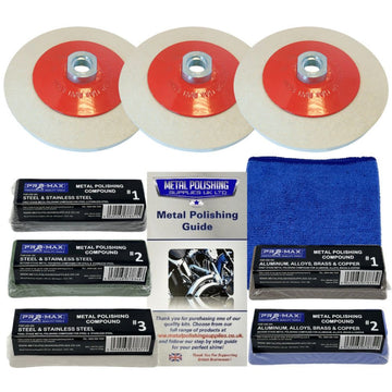 Angle Grinder Metal Polishing Kit with three beige felt wheels, five coloured compounds, guide and blue cloth
