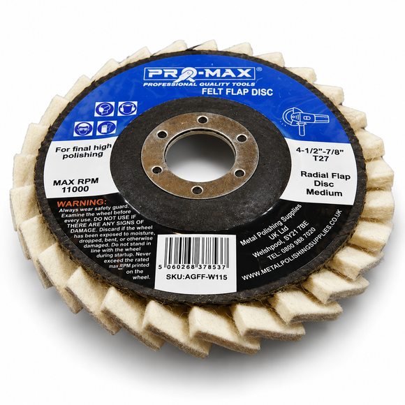 Angle Grinder Metal Polishing Kit with a cream felt flap disc, blue and black Pro-Max label, and metal centre ring