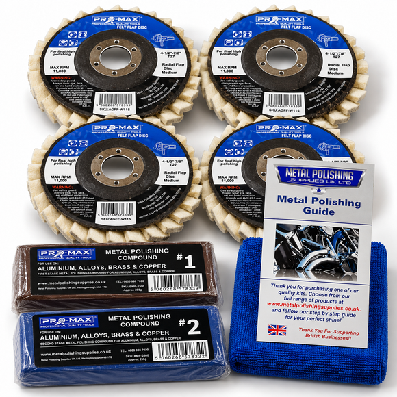 Angle Grinder Metal Polishing Kit with four cream felt flap discs, brown and blue polishing compounds, and a guide