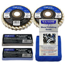 Angle Grinder Metal Polishing Kit with two felt flap wheels, brown and blue compounds, guide and blue cloth