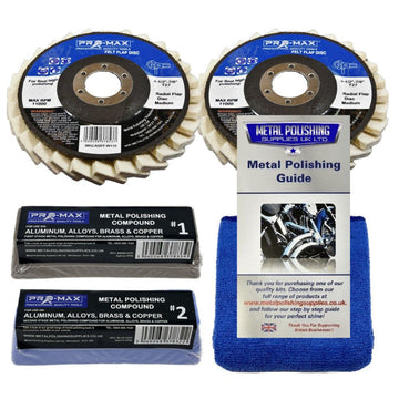 Angle Grinder Metal Polishing Kit with two felt flap wheels, brown and blue compounds, guide and blue cloth