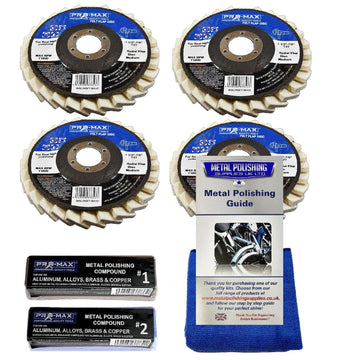 Angle Grinder Metal Polishing Kit with four beige felt flap wheels, brown and blue compounds, guide and cloth