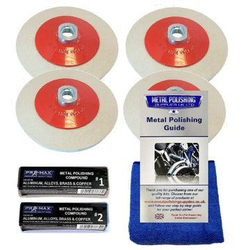 Angle Grinder Metal Polishing Kit with four beige felt wheels, red hubs, polishing compounds, guide and blue cloth