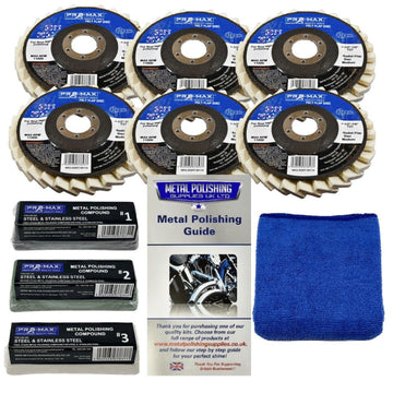 Angle Grinder Metal Polishing Kit with six felt flap wheels, three polishing compounds, guide and blue microfibre cloth
