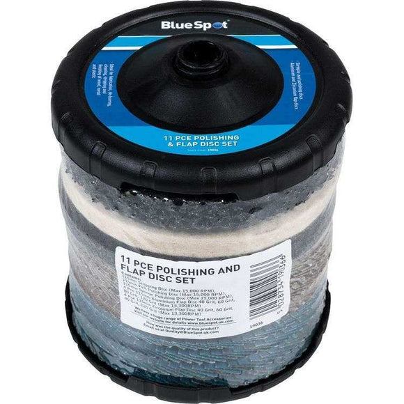 Angle Grinder Polishing 11-piece abrasive disc set in clear storage tub with black lid and blue label