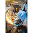 Angle Grinder Polishing with blue abrasive disc and metal grinder producing sparks on steel