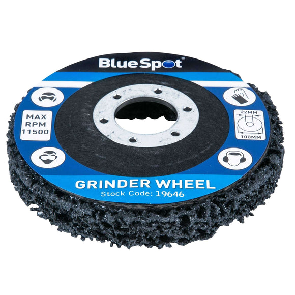 Angle Grinder Rust Remover grinding wheel with black nylon abrasive material, blue label and 100mm size