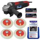 Angle Grinder Sealey red and black 750W metal tool with four felt polishing wheels, compound bars and guide