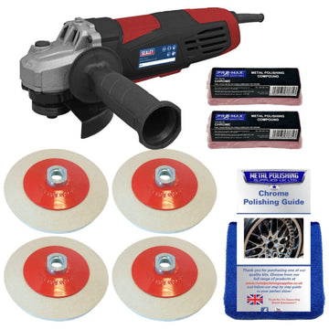 Angle Grinder Sealey red and black 750W metal tool with four felt polishing wheels, compound bars and guide