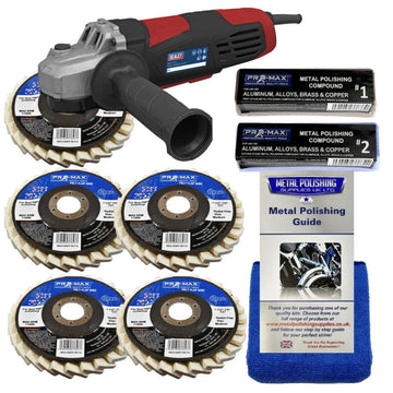 Angle Grinder Sealey with red and black housing, felt flap polishing wheels, compounds, guide and blue cloth
