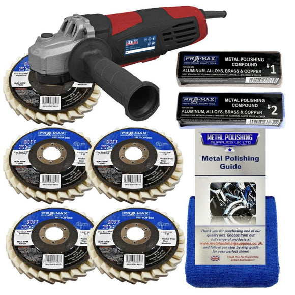 Angle Grinder Sealey with red and black housing, felt flap polishing wheels, compounds, guide and blue cloth
