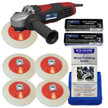 Angle Grinder Sealey in red and black with aluminium housing, felt polishing wheels, compounds and guide
