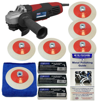 Angle Grinder Sealey 750W red and black grinder with six white felt polishing wheels and metal compounds