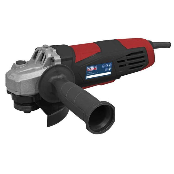 Angle Grinder Sealey 750W red and black metal grinder with adjustable guard and side handle
