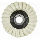 Angle Grinder Sealey white felt flap polishing wheel with black abrasive backing and metal centre hub