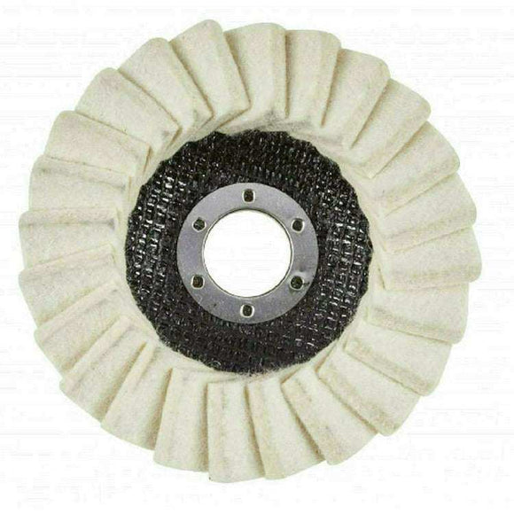 Angle Grinder Sealey white felt flap polishing wheel with black abrasive backing and metal centre hub