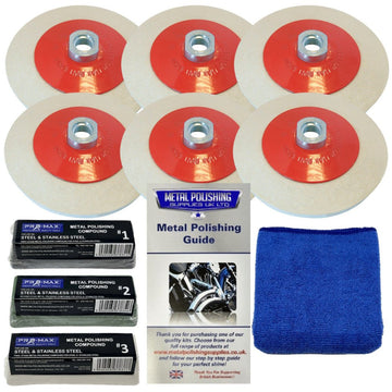 Angle Grinder steel polishing kit with six white felt wheels, red hubs, polishing compounds, guide and blue cloth