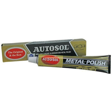 Autosol Original Metal Polish 75ml in olive-green and black packaging, with a cream tube and matching box.