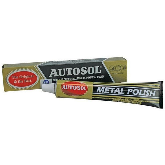 Autosol Original Metal Polish 75ml in olive-green and black packaging, with a cream tube and matching box.