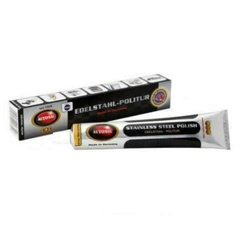 Autosol Stainless Steel metal polish and cleaner, 75ml silver tube with black and gold detailing and box

